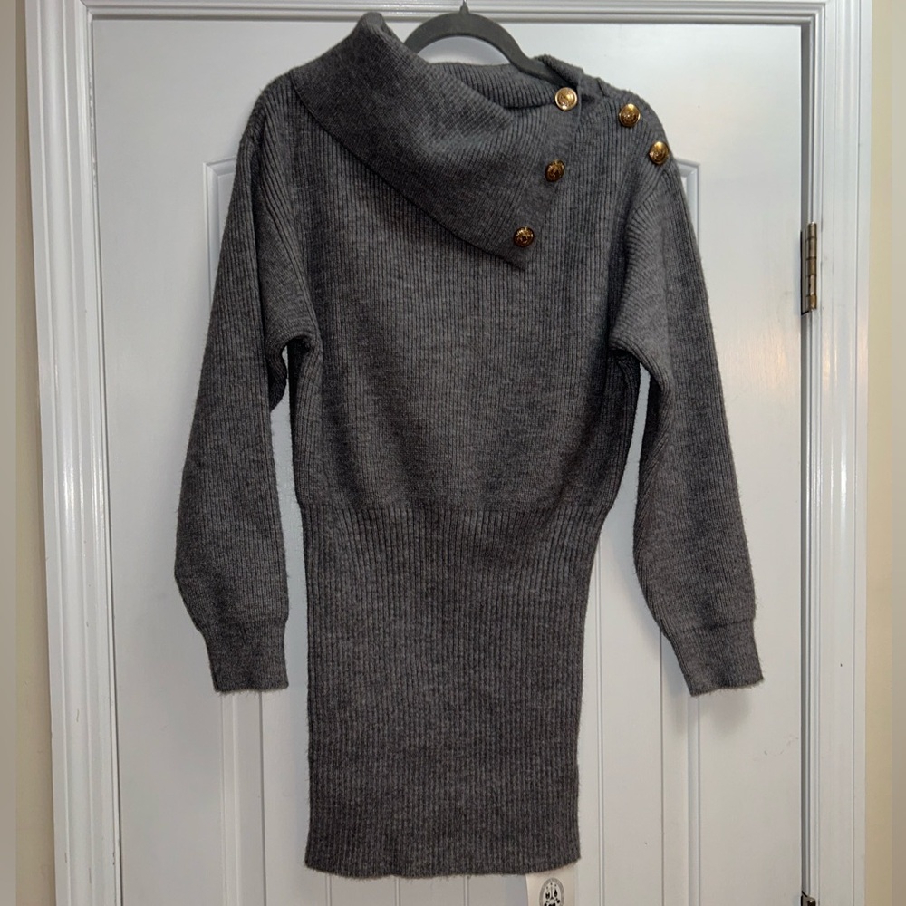 Cider Gray Cowl Neck Sweater Dress with Gold Buttons